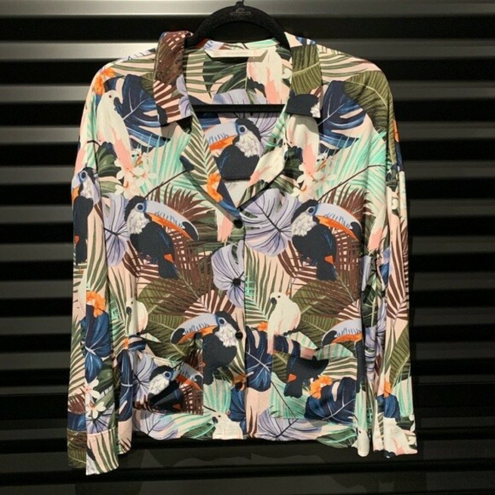 ZARA Tropical Birds Toucan Cockatoo Collared Shirt Blouse - Picture 13 of 16